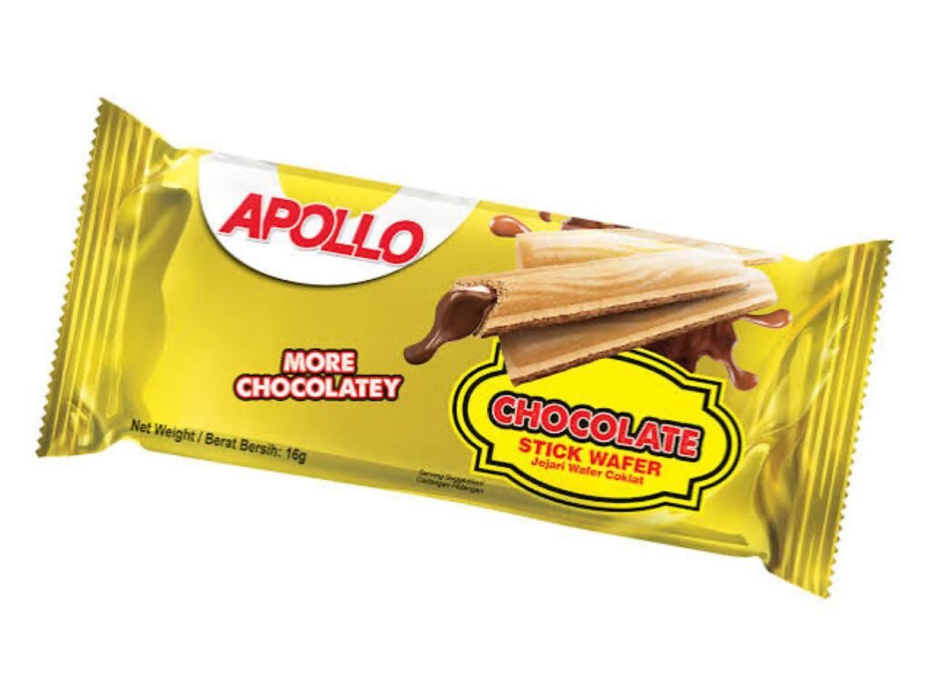 Chocolate-filled stick wafer snack in packaging