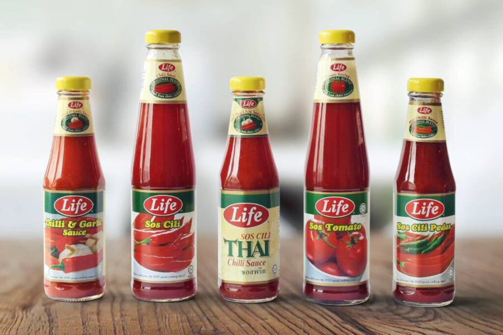 Assorted bottled chili and tomato sauces
