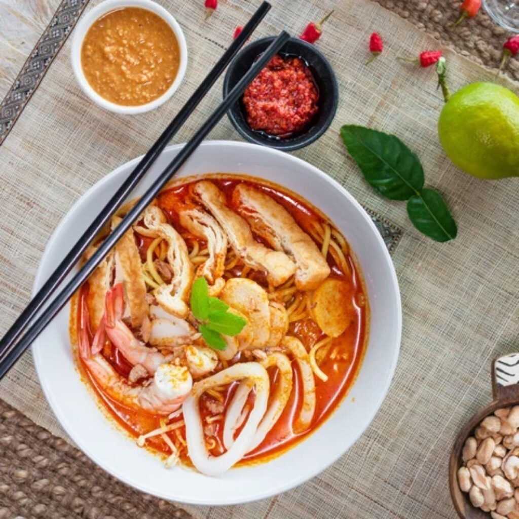Bowl of noodle soup with seafood and herbs