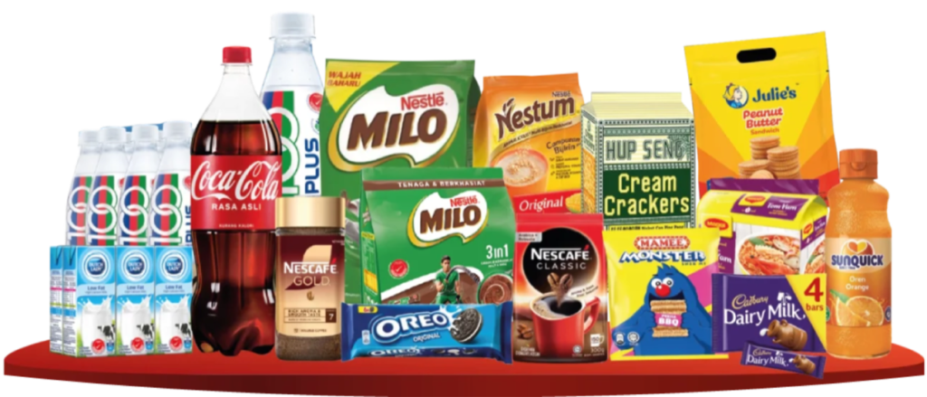 Assorted imported grocery and beverage products displayed together